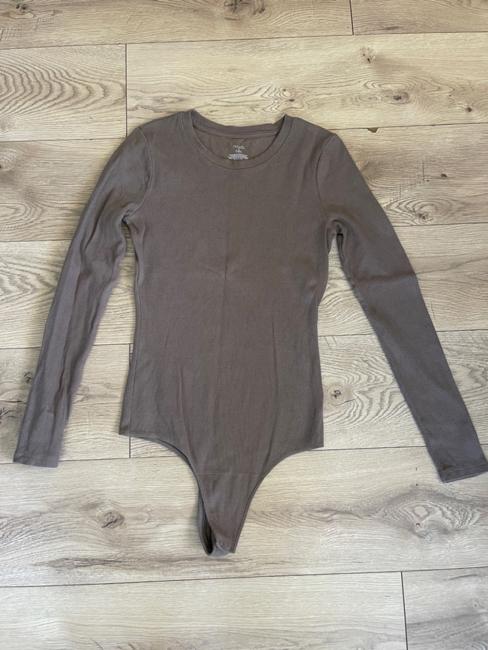 Nuuds Ribbed Long Sleeve Bodysuit in Taupe/ Brown